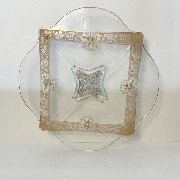 Ovington’s Alhambra Glass Cake Pedestal Platter Gold Floral Inlay Elegant Shape - Picture 7 of 14